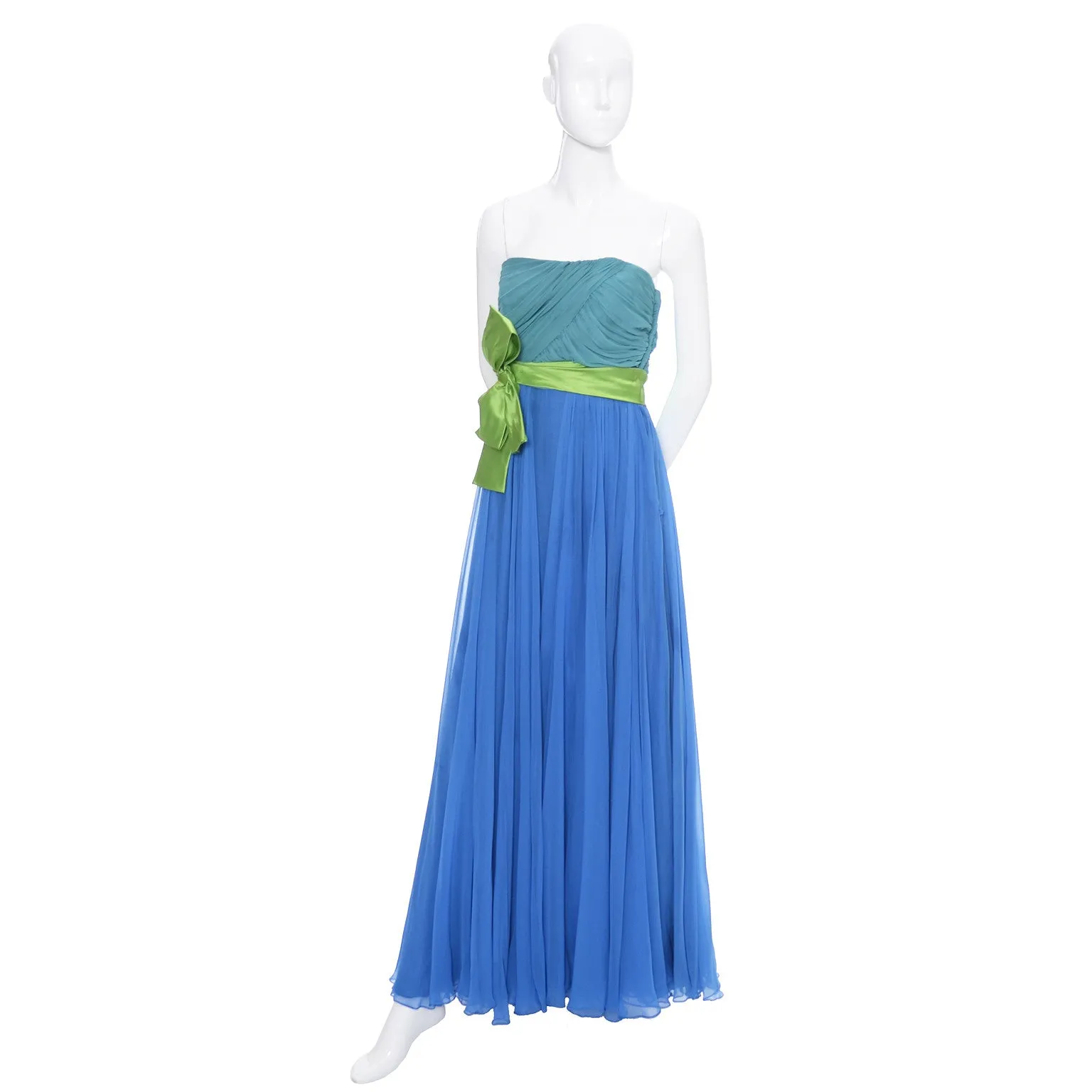 1960s Silk Chiffon Vintage Formal Dress In Aqua Lime and Blue