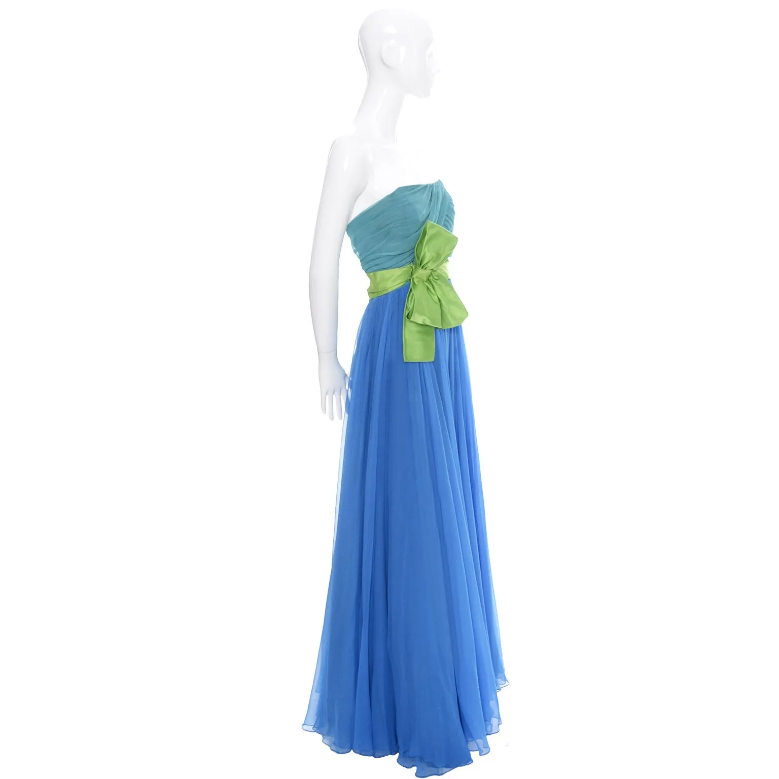 1960s Silk Chiffon Vintage Formal Dress In Aqua Lime and Blue