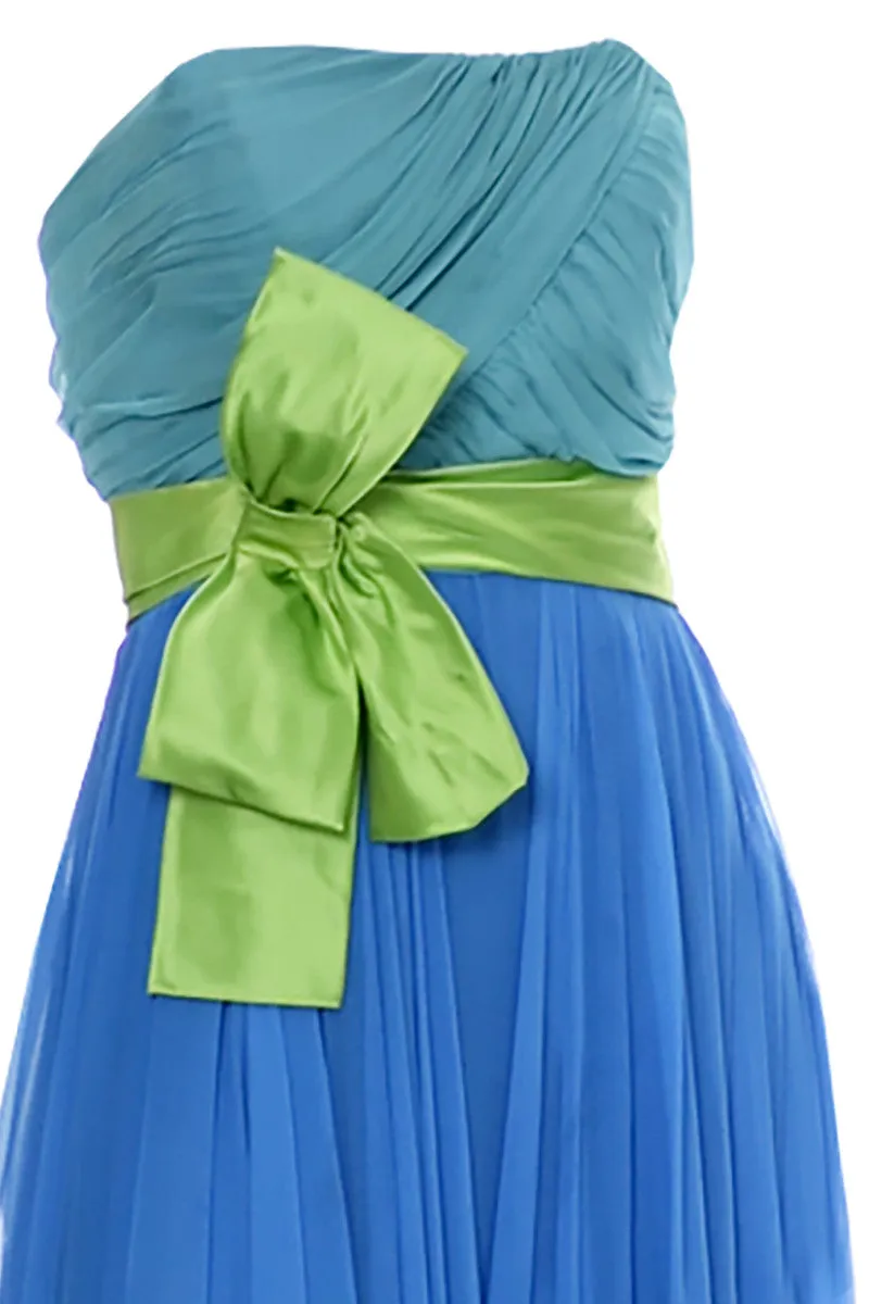 1960s Silk Chiffon Vintage Formal Dress In Aqua Lime and Blue