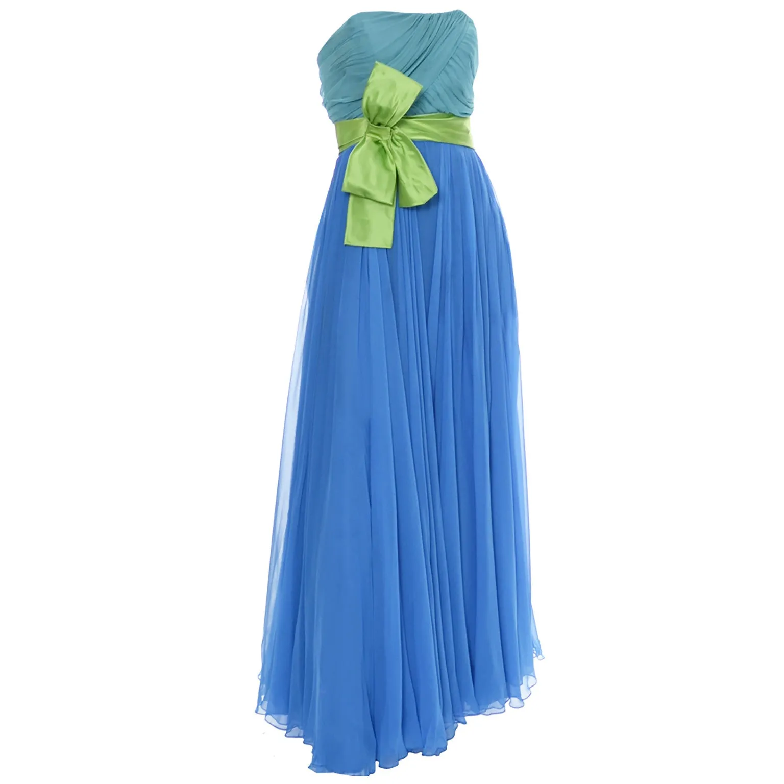 1960s Silk Chiffon Vintage Formal Dress In Aqua Lime and Blue