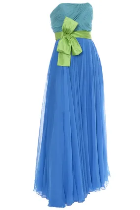 1960s Silk Chiffon Vintage Formal Dress In Aqua Lime and Blue