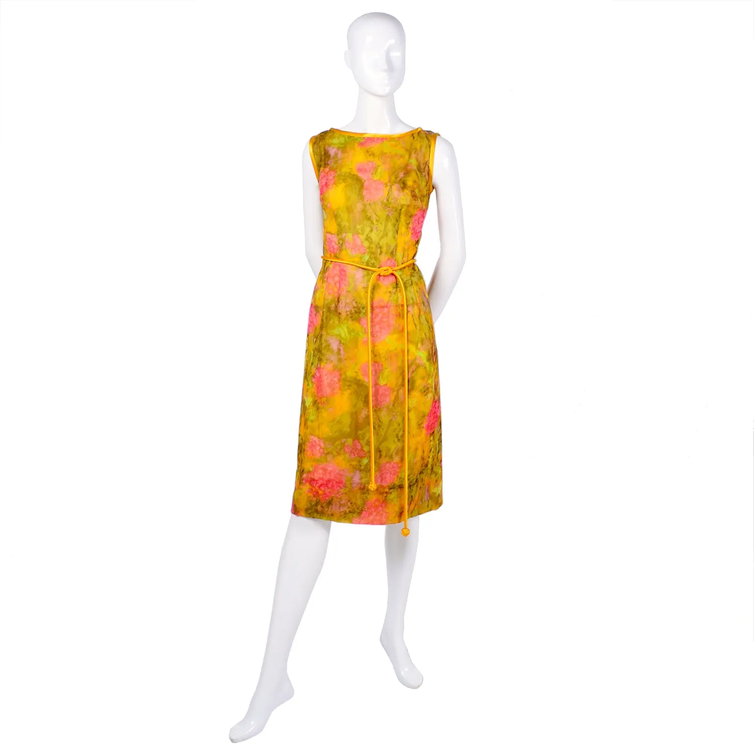 1960's Silk Vintage Dress in Yellow Green Pink Floral Silk Chiffon