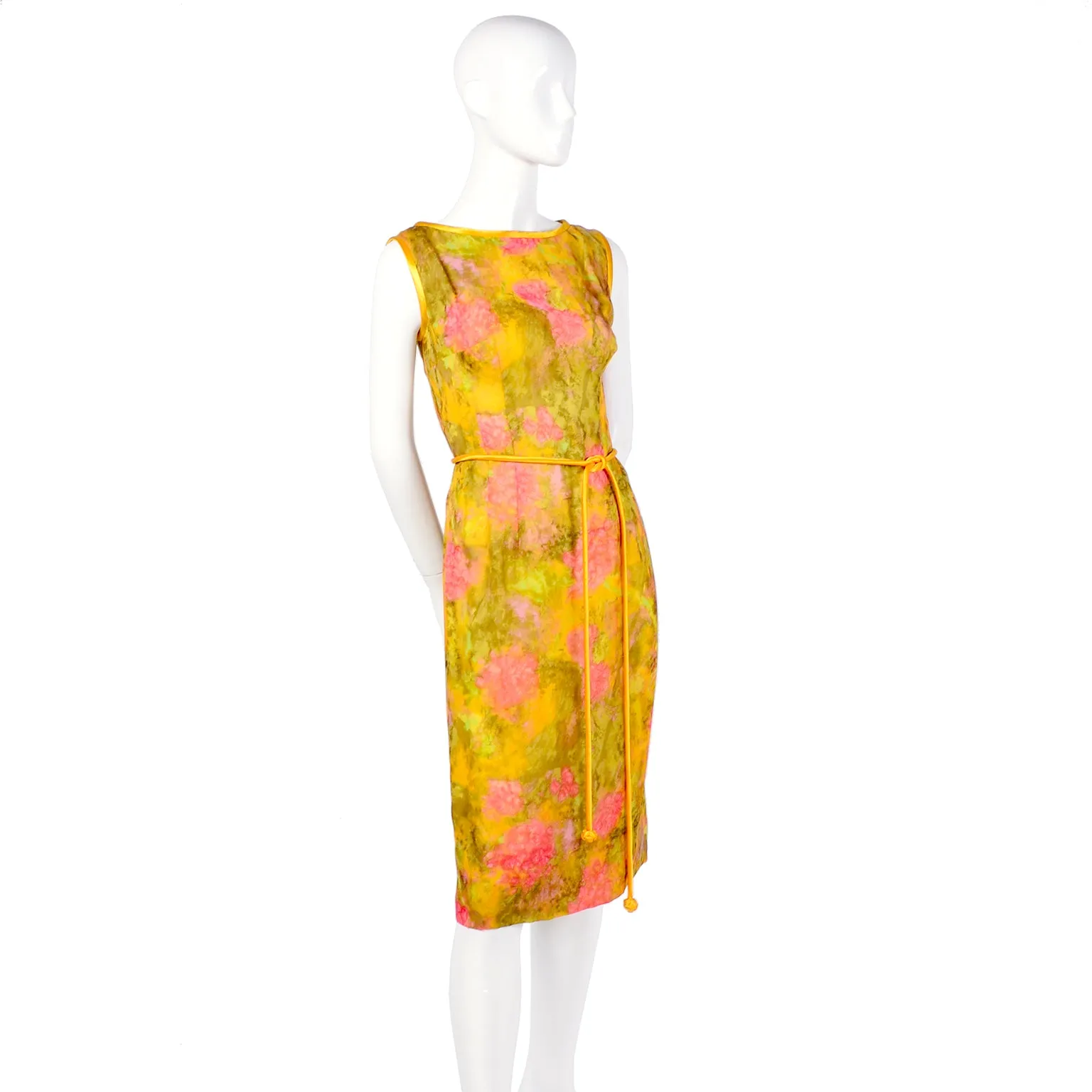 1960's Silk Vintage Dress in Yellow Green Pink Floral Silk Chiffon