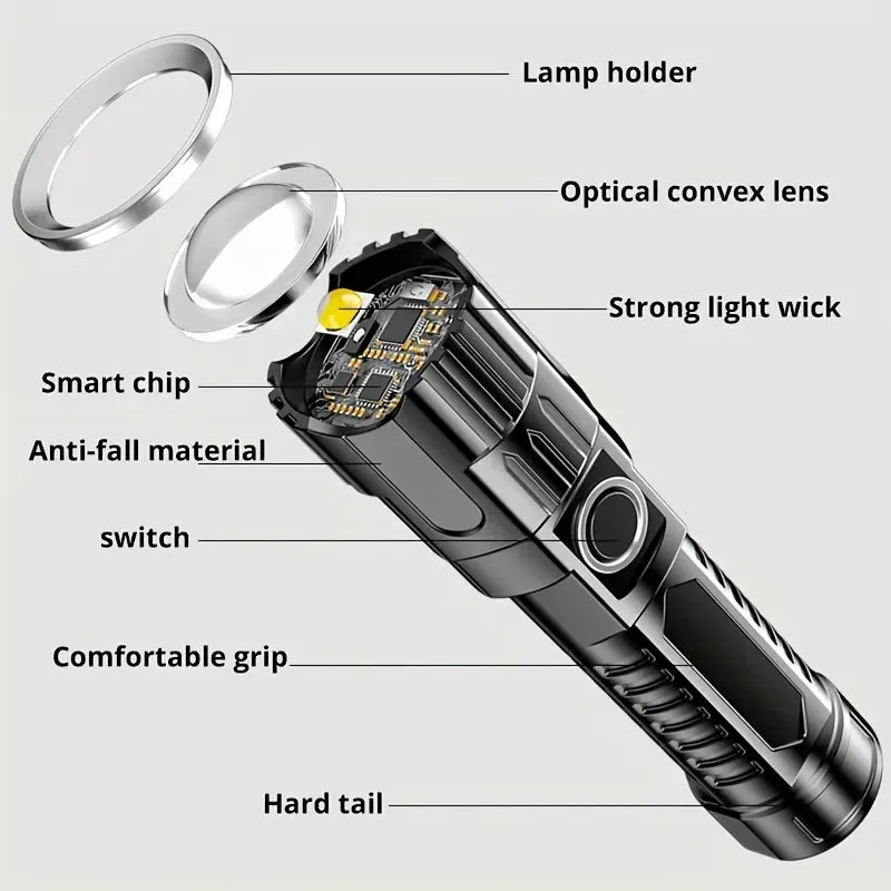 1pc Multi-functional Outdoor Strong Light LED Long-range Telescopic Zoom Flashlight, Plastic USB Rechargeable Flashlight