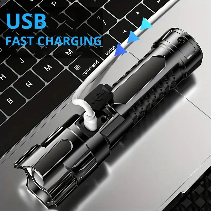 1pc Multi-functional Outdoor Strong Light LED Long-range Telescopic Zoom Flashlight, Plastic USB Rechargeable Flashlight