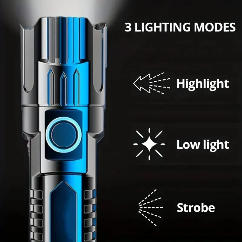 1pc Multi-functional Outdoor Strong Light LED Long-range Telescopic Zoom Flashlight, Plastic USB Rechargeable Flashlight