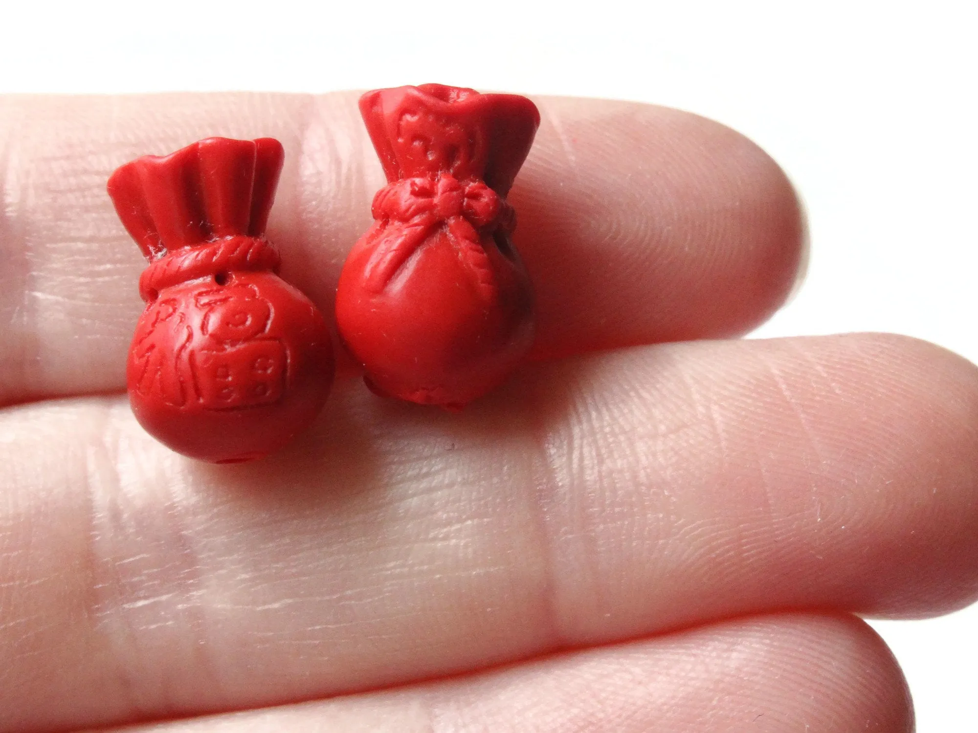 4 16mm Lucky Money Bag Carved Cinnabar Beads Red Lacquer Beads