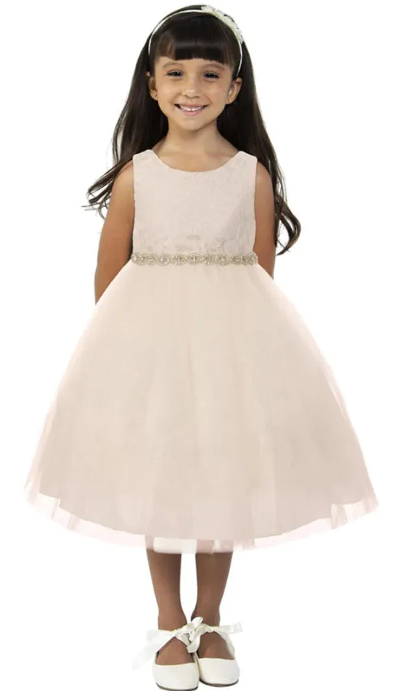 456-A Lace Illusion Girls First Communion or Flower Girl Dress with Rhinestone Trim