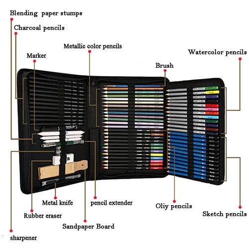 72pcs Complete Drawing Pencil Set with Sketch Charcoal Tools