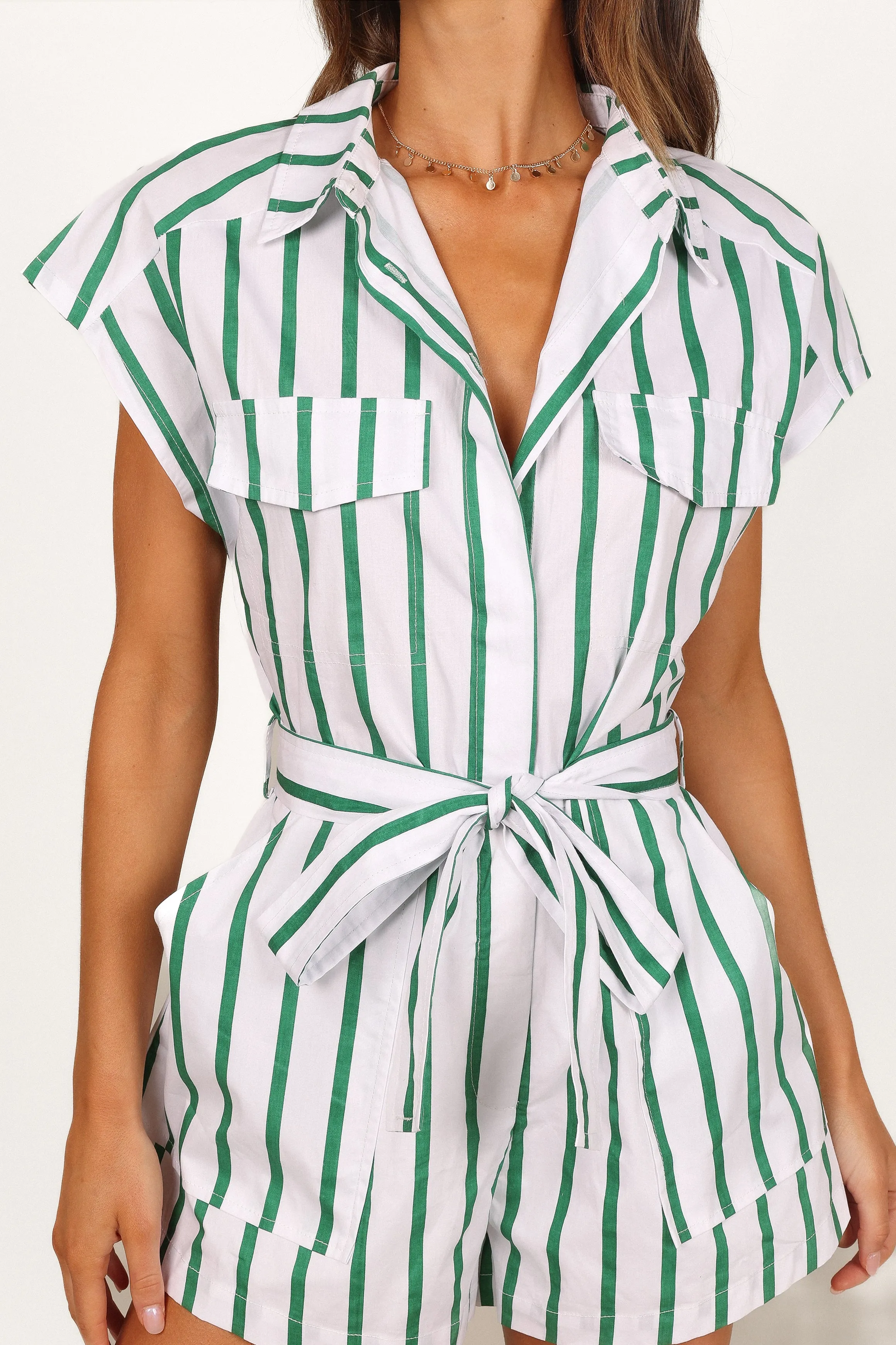 Addie Tie Waist Playsuit - White/Green