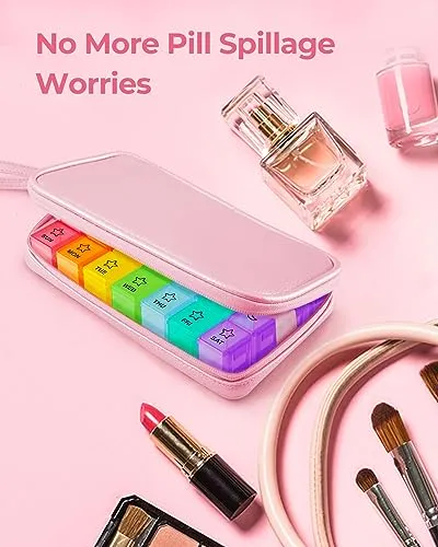 AMOOS Weekly Pill Organizer 4 Times a Day, Portable 7 Day Pill Box with a PU Leather Bag for Travel, Pill Case with Removable Individual Pill Containers to Hold Vitamins, Fish Oils, Supplements, Pink