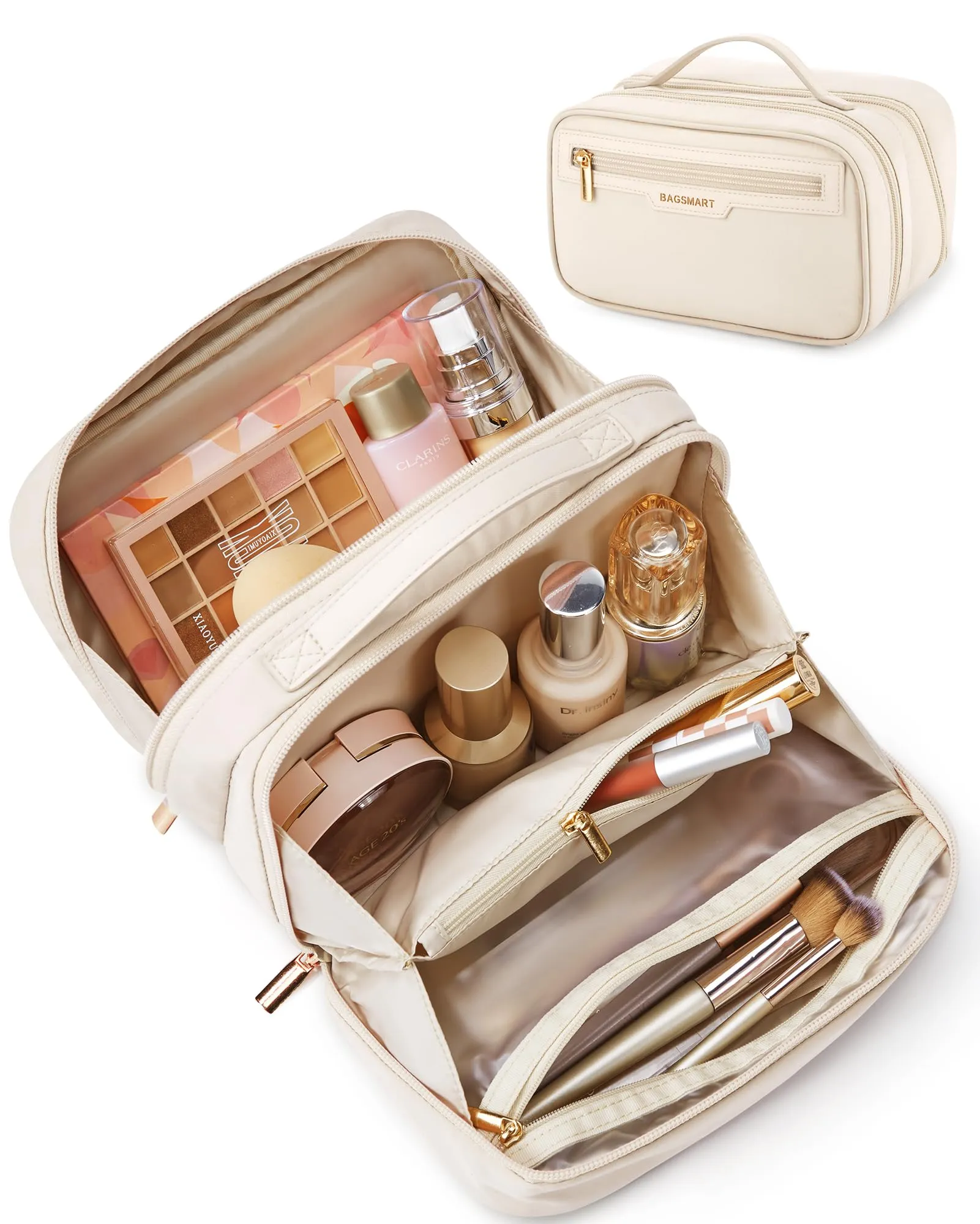 BAGSMART Travel Makeup Bag Large Capacity Cosmetic Bag, Wide-open Portable Make Up Bag Organizer for Women for Travel Essentials Travel-Size Toiletries Accessories Bottles, Brushes (Beige)