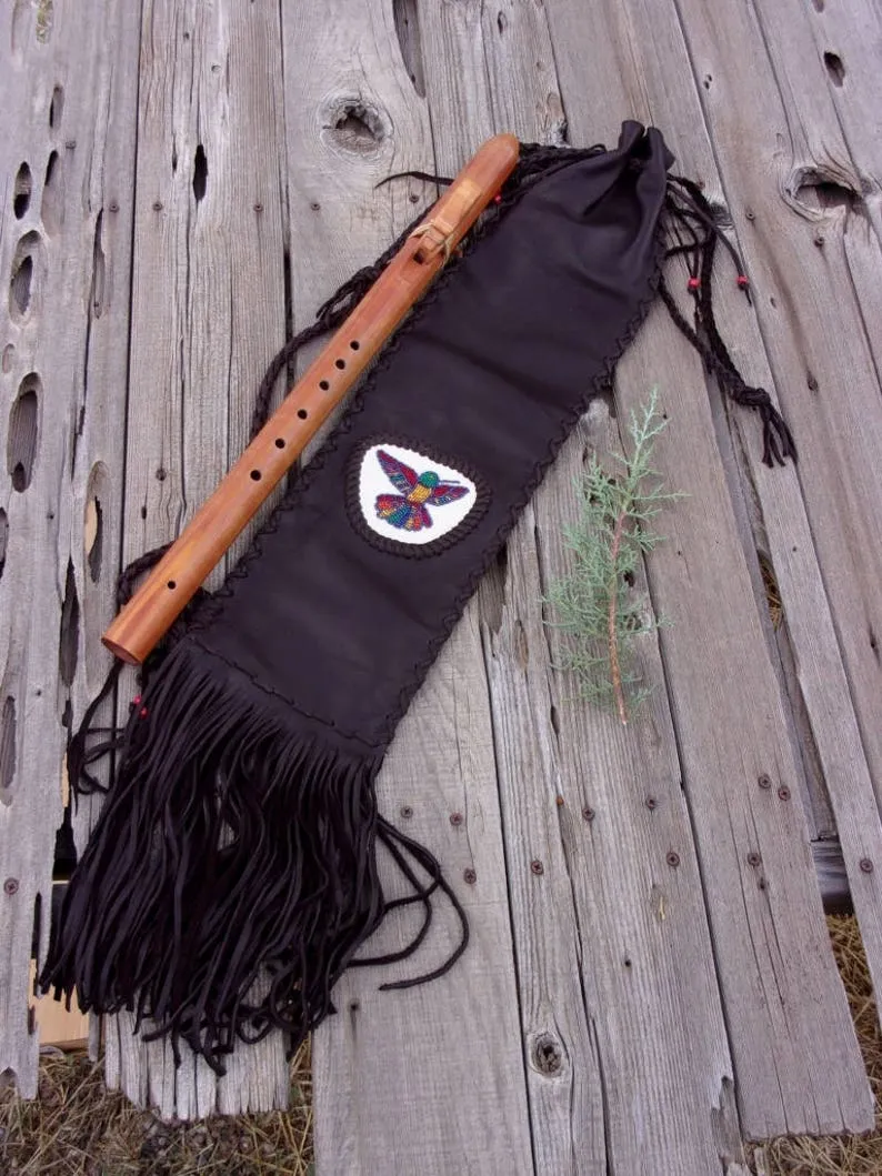 Beaded flute bag, beaded hummingbird totem bag