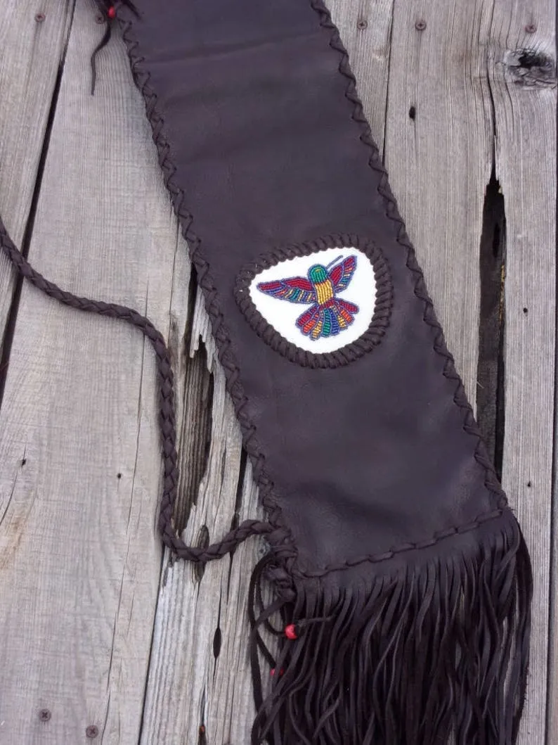 Beaded flute bag, beaded hummingbird totem bag