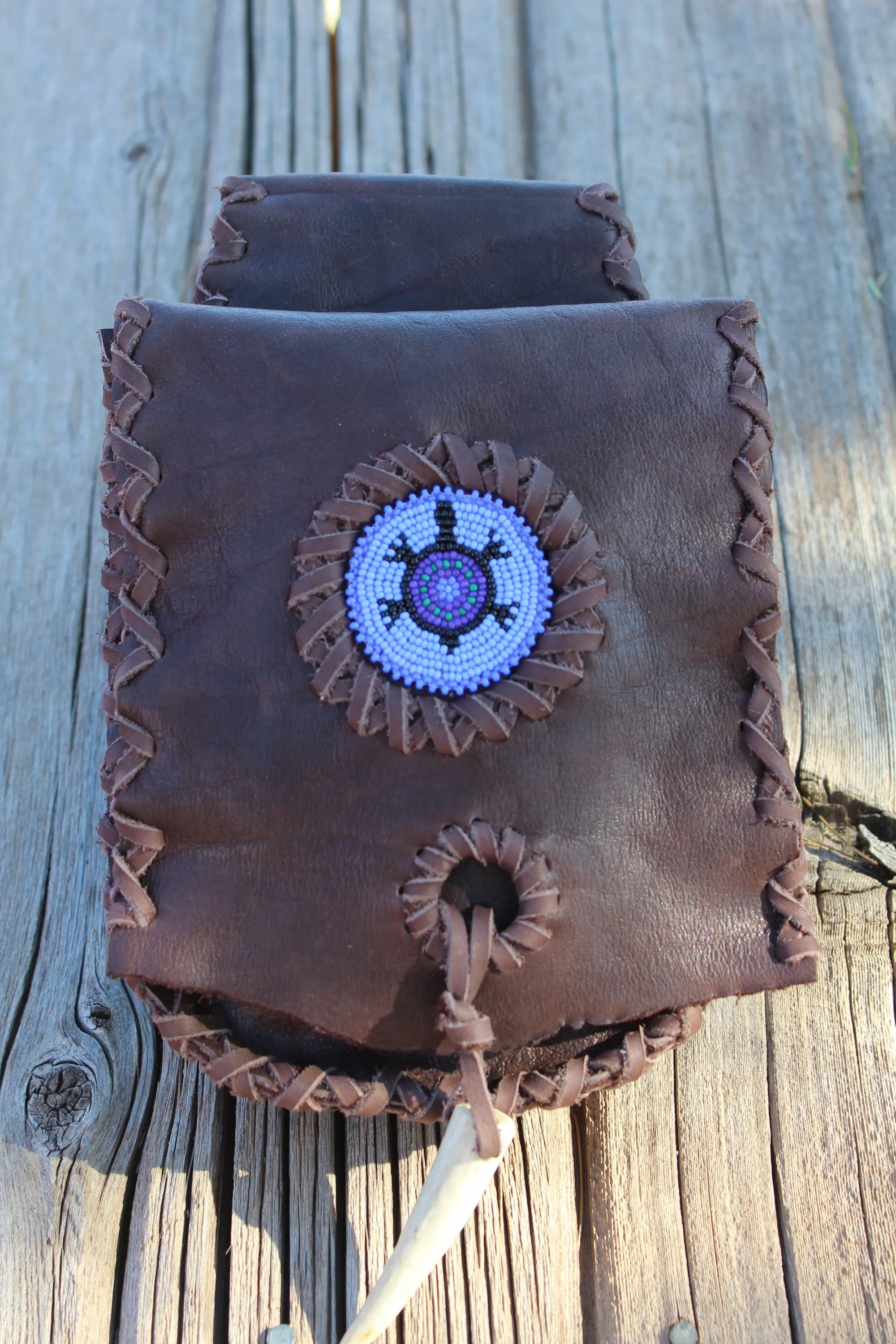 Beaded leather hip bag, beaded turtle belt bag, buffalo leather bag