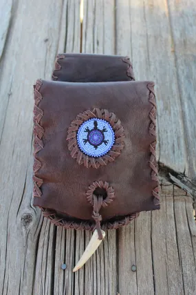 Beaded leather hip bag, beaded turtle belt bag, buffalo leather bag