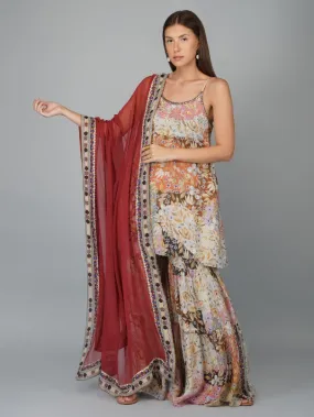 Beige & Red Melange Print Viscose Muslin Gharara Set (Set of 3)