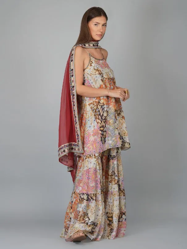 Beige & Red Melange Print Viscose Muslin Gharara Set (Set of 3)