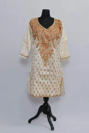 Beige Colour Aari Work Kurti With Multi Colour Aari Work Heavy Neckline