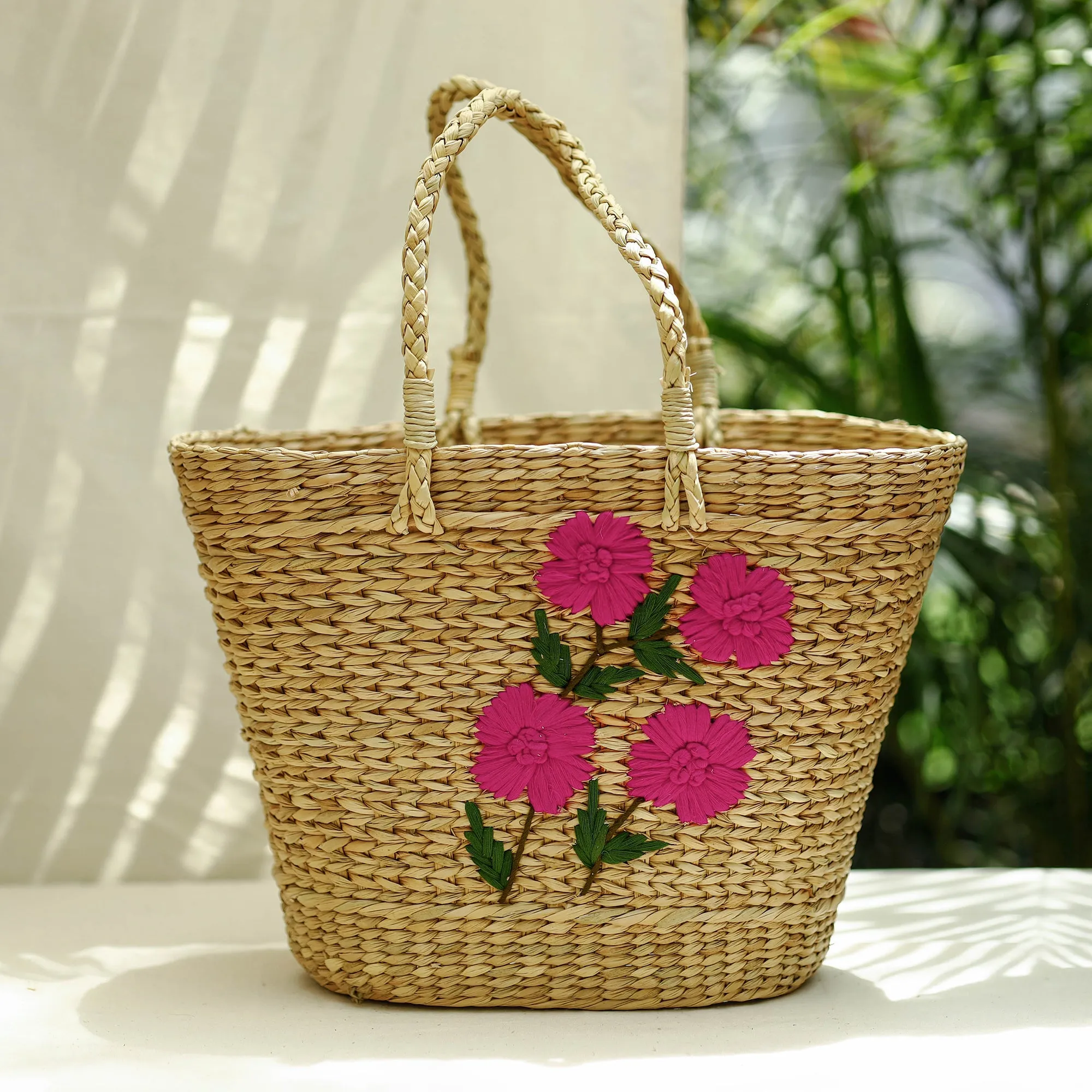 Beige - Handcrafted Natural Water Reed Embroidered Shopping Bag