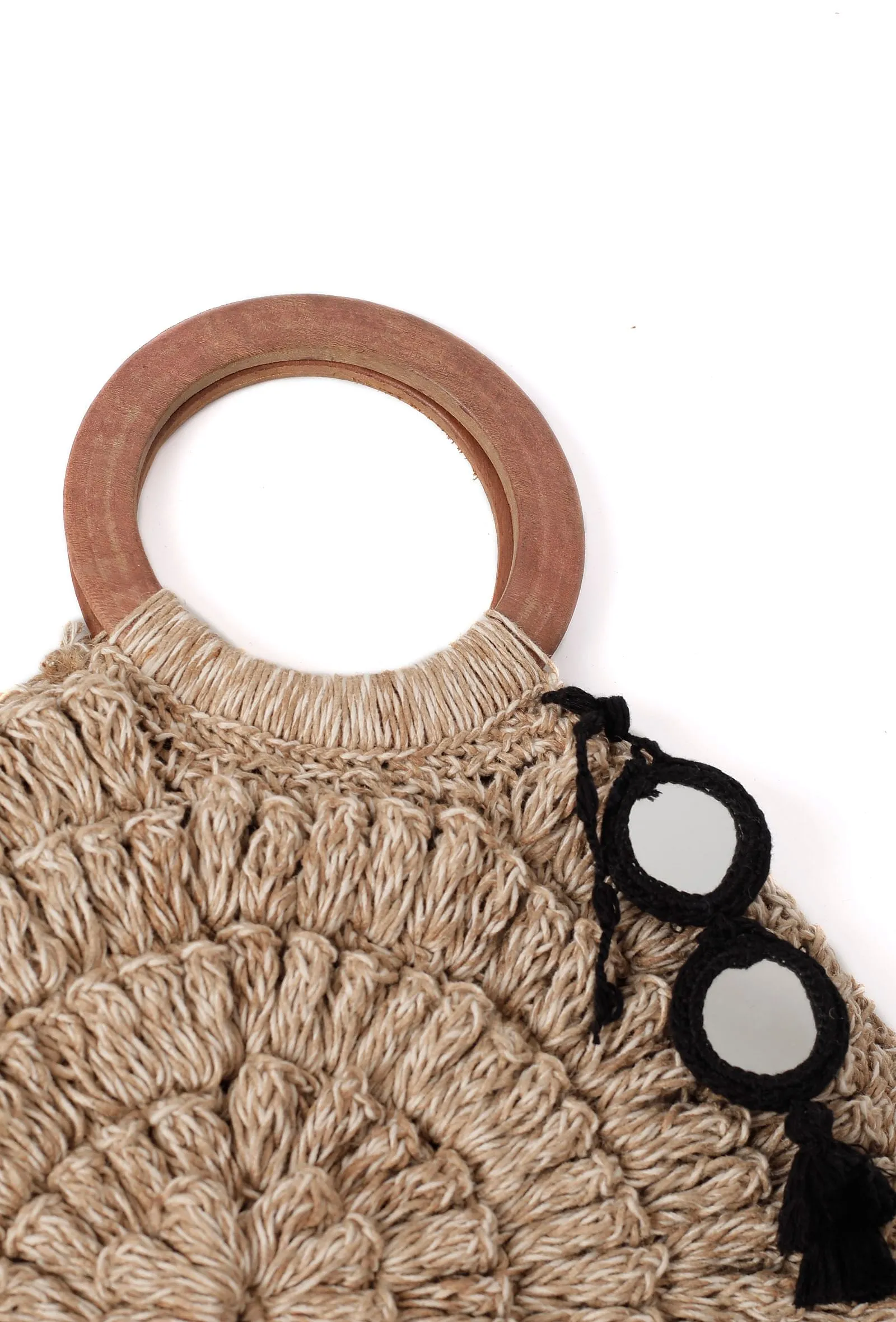 Beige Oval Jute Satchel Bag