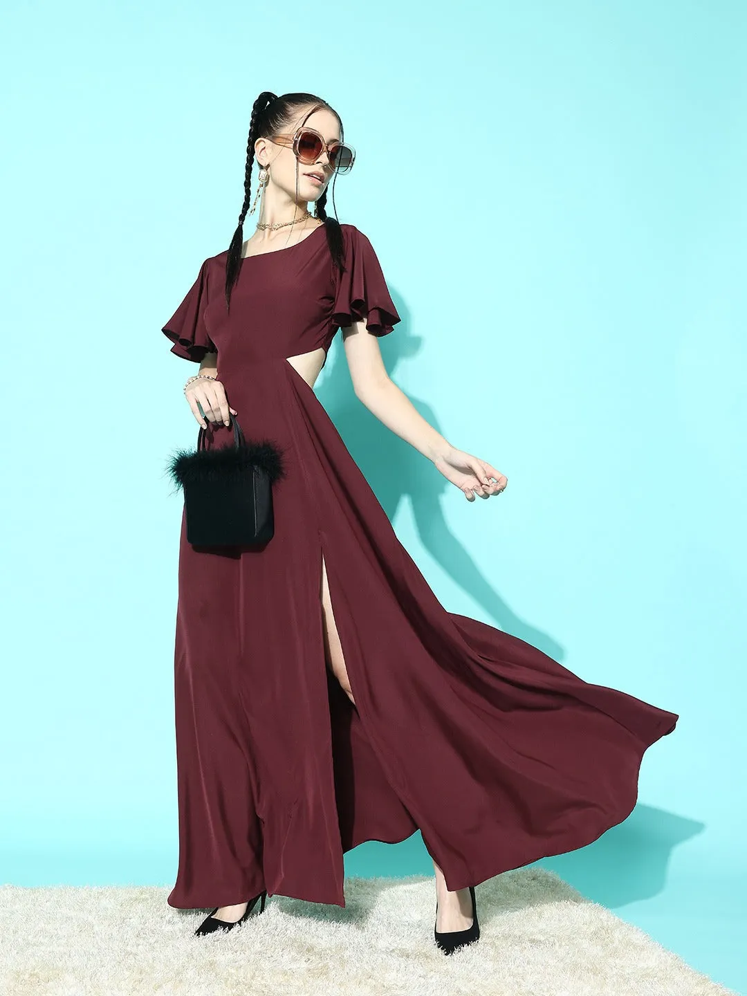 Berrylush Women Solid Maroon Round Neck Cutout Crepe Thigh-High Slit Fit & Flare Maxi Dress