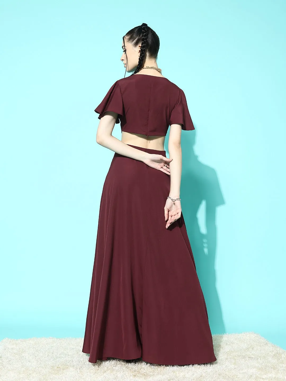 Berrylush Women Solid Maroon Round Neck Cutout Crepe Thigh-High Slit Fit & Flare Maxi Dress