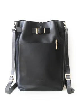 Black Large Leather Backpack with Front Pocket