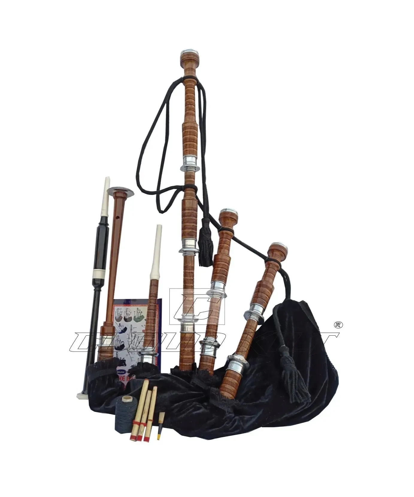 Black Velvet Bagpipe Set Brown & Silver Finish With Hard Case