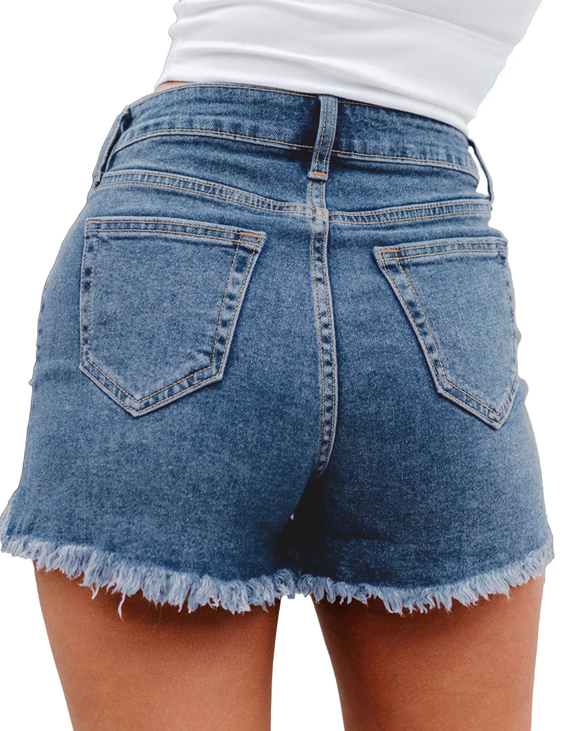 Blue High-Waist Frayed Raw Hem Ripped Denim Shorts