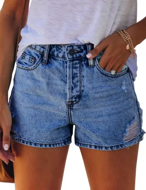 Blue Mid-Waist Distressed Washed Denim Shorts