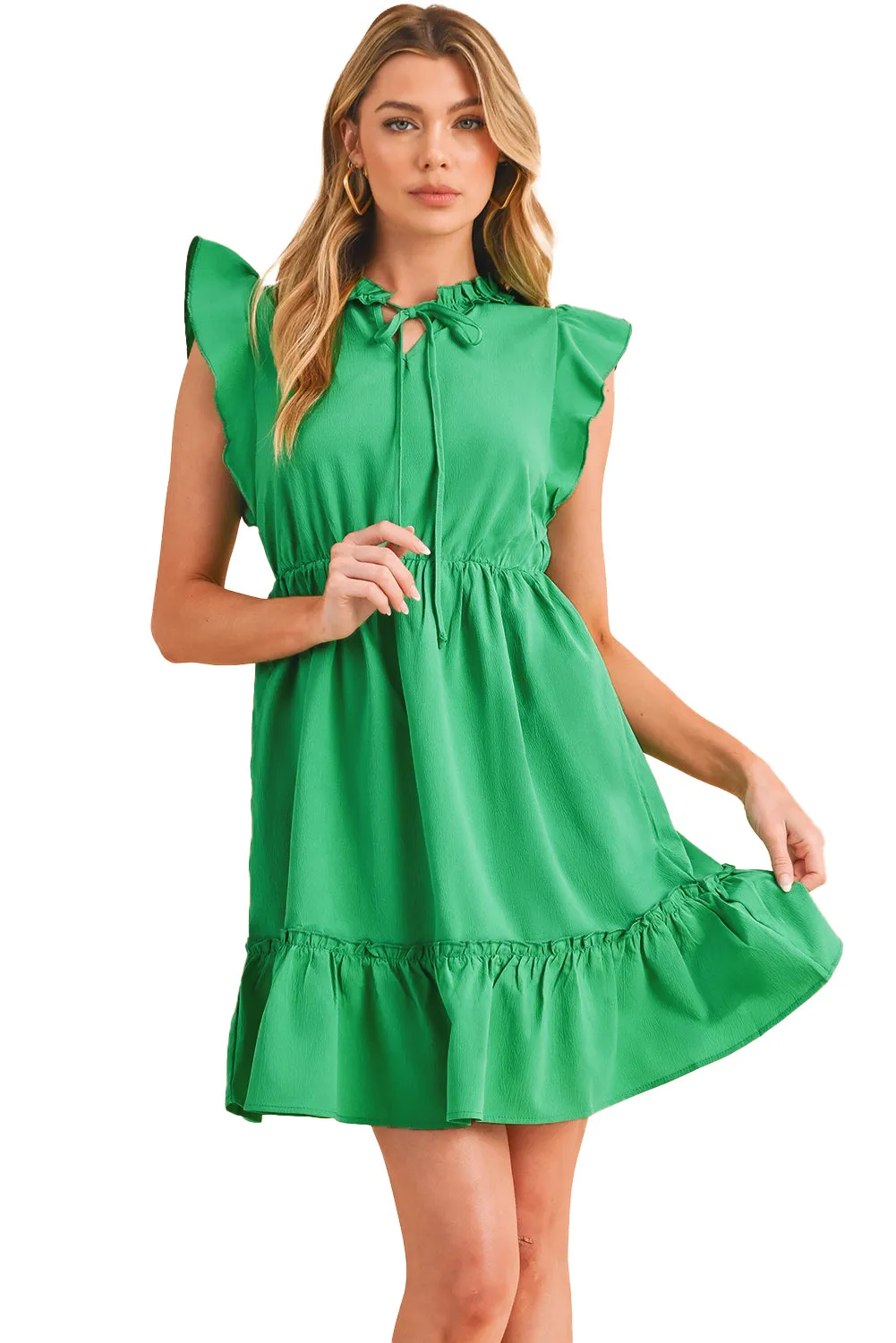 Bright Green Split V Neck Elastic Waist Ruffled Mini Dress