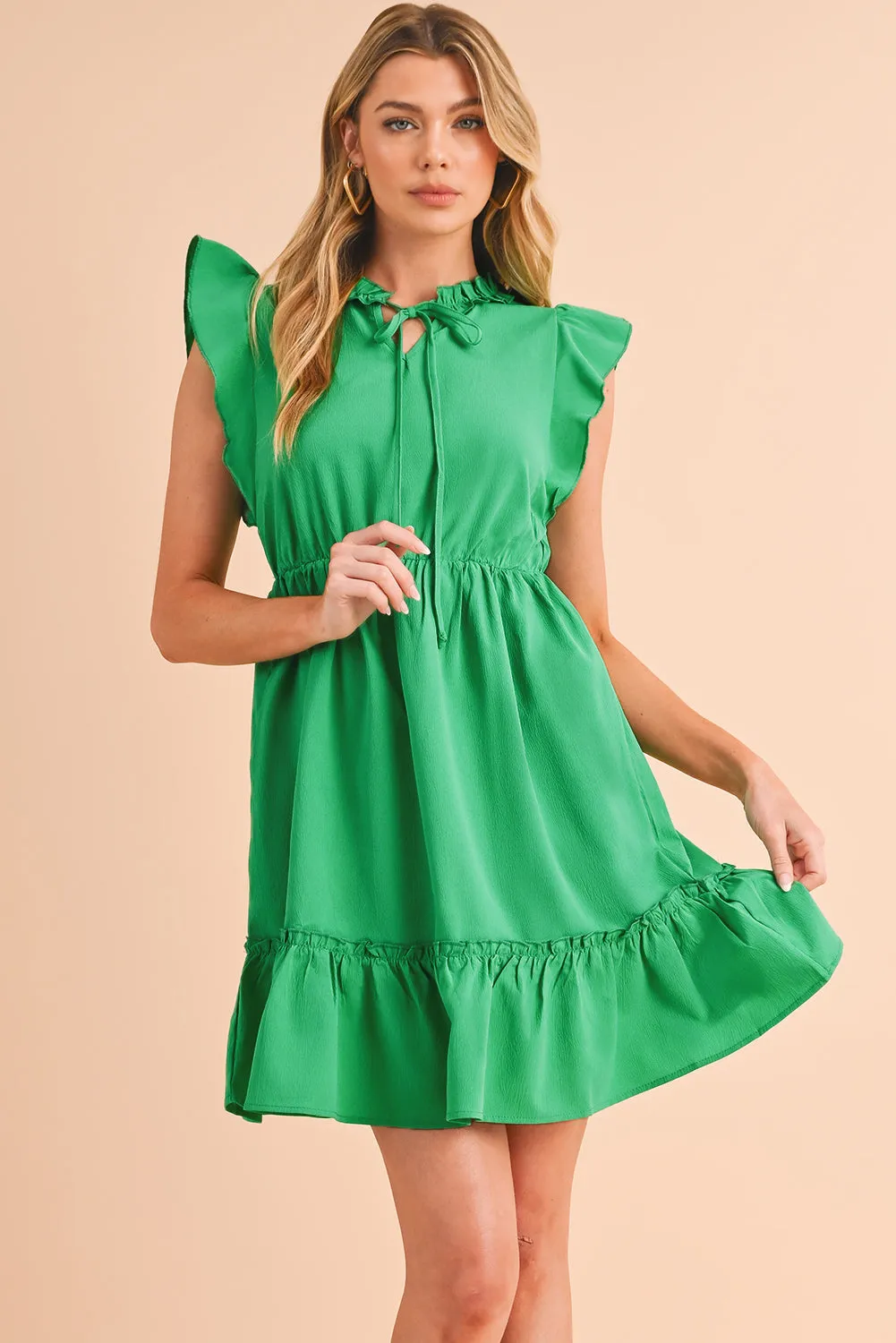 Bright Green Split V Neck Elastic Waist Ruffled Mini Dress