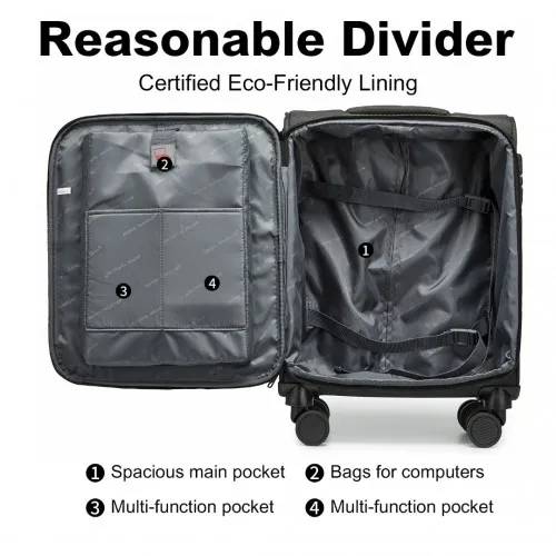 British Traveller 20 Inch Lightweight Cabin Carry-On Suitcase with Soft Shell and Laptop Compartment - Black