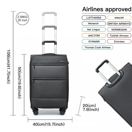 British Traveller 20 Inch Lightweight Cabin Carry-On Suitcase with Soft Shell and Laptop Compartment - Black