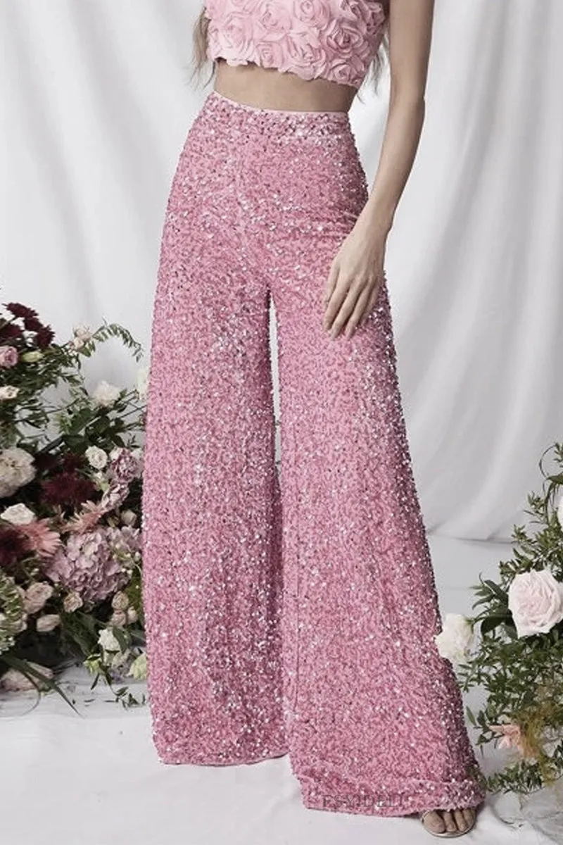 Celebrities Elegant Solid Sequins Loose High Waist Wide Leg Solid Color Bottoms