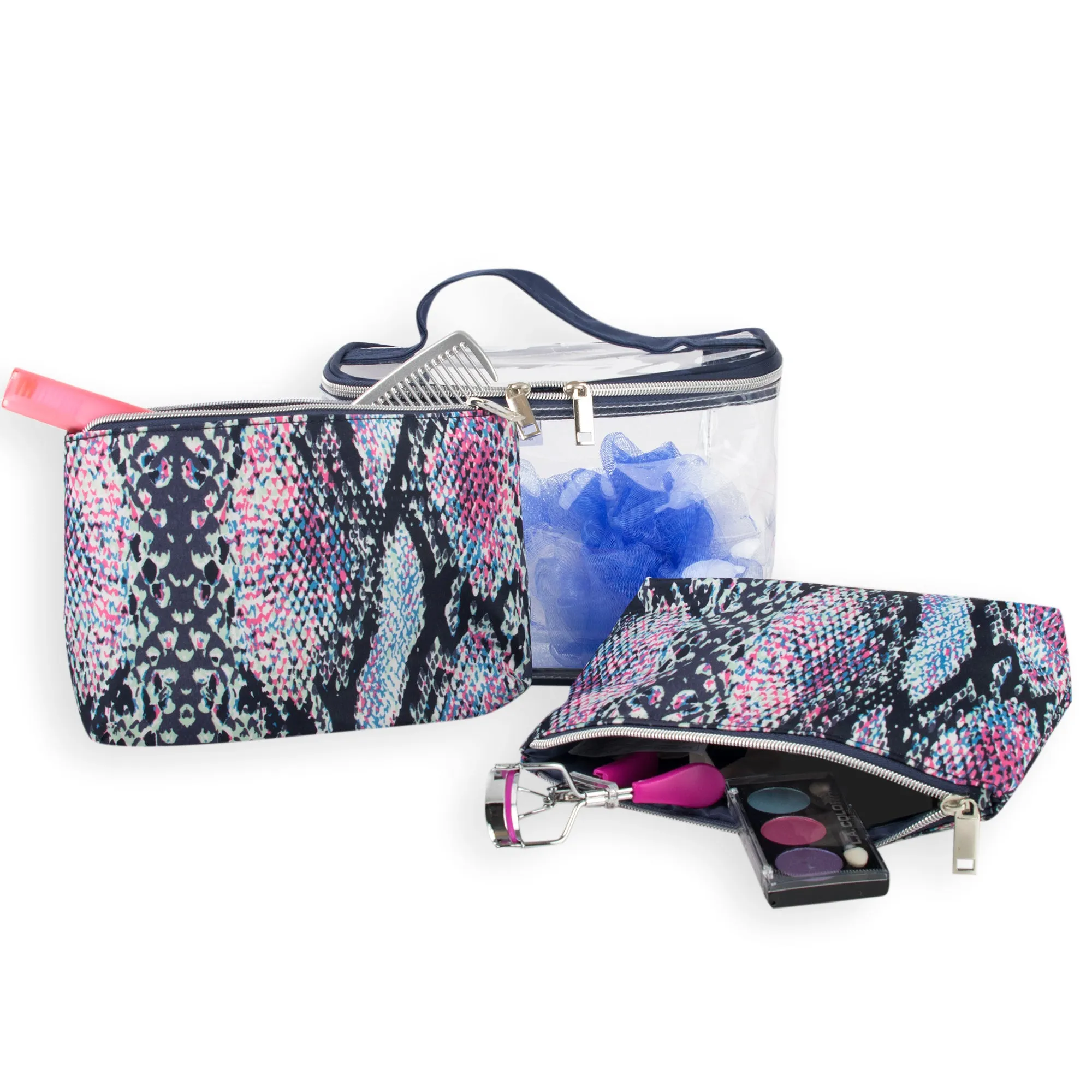 Clear Cosmetic Traveling Case With 2 Cosmetic Pouches