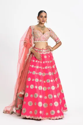 CORAL PINK RAW SILK EMBROIDERED LEHENGA SET