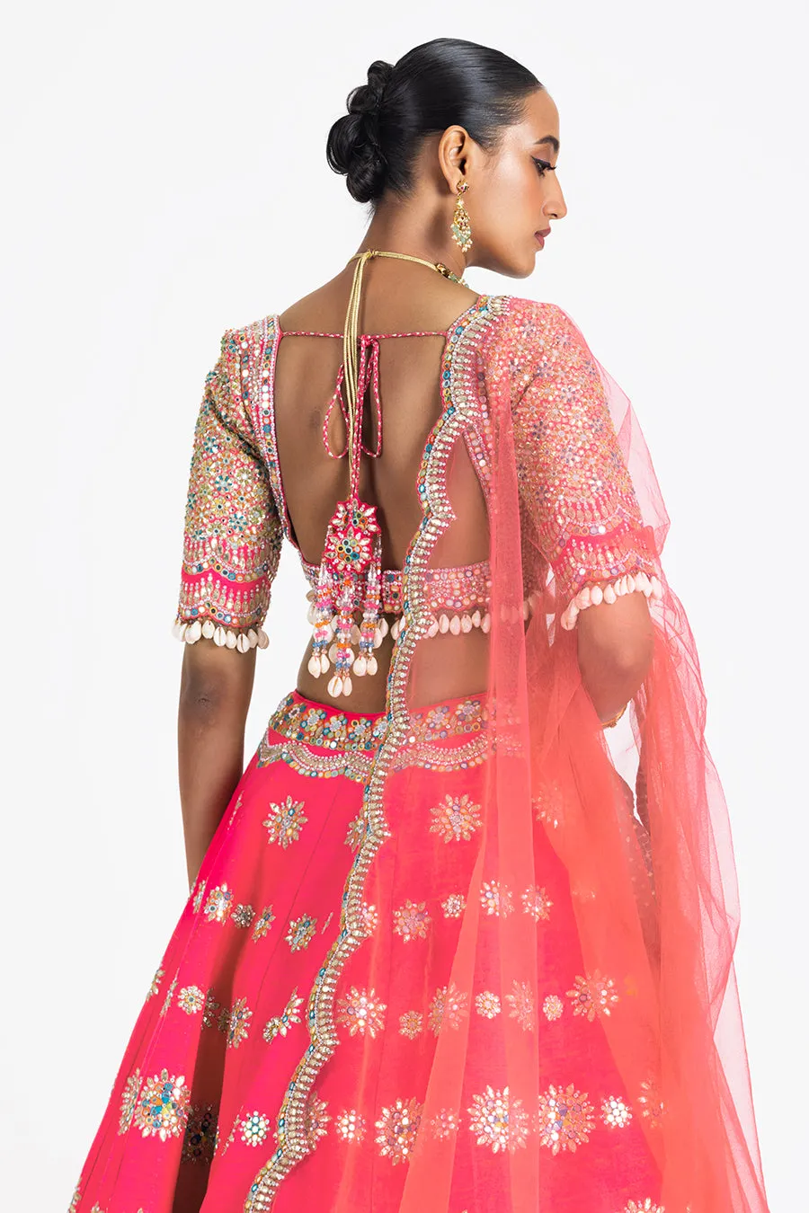 CORAL PINK RAW SILK EMBROIDERED LEHENGA SET