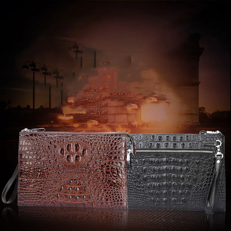 Crocodile Patterned Genuine Leather Underarm Bag for Men