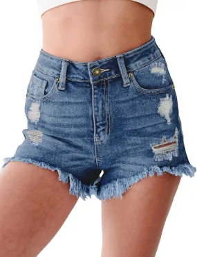 Deep Blue High-Waist Frayed Raw Hem Ripped Denim Shorts