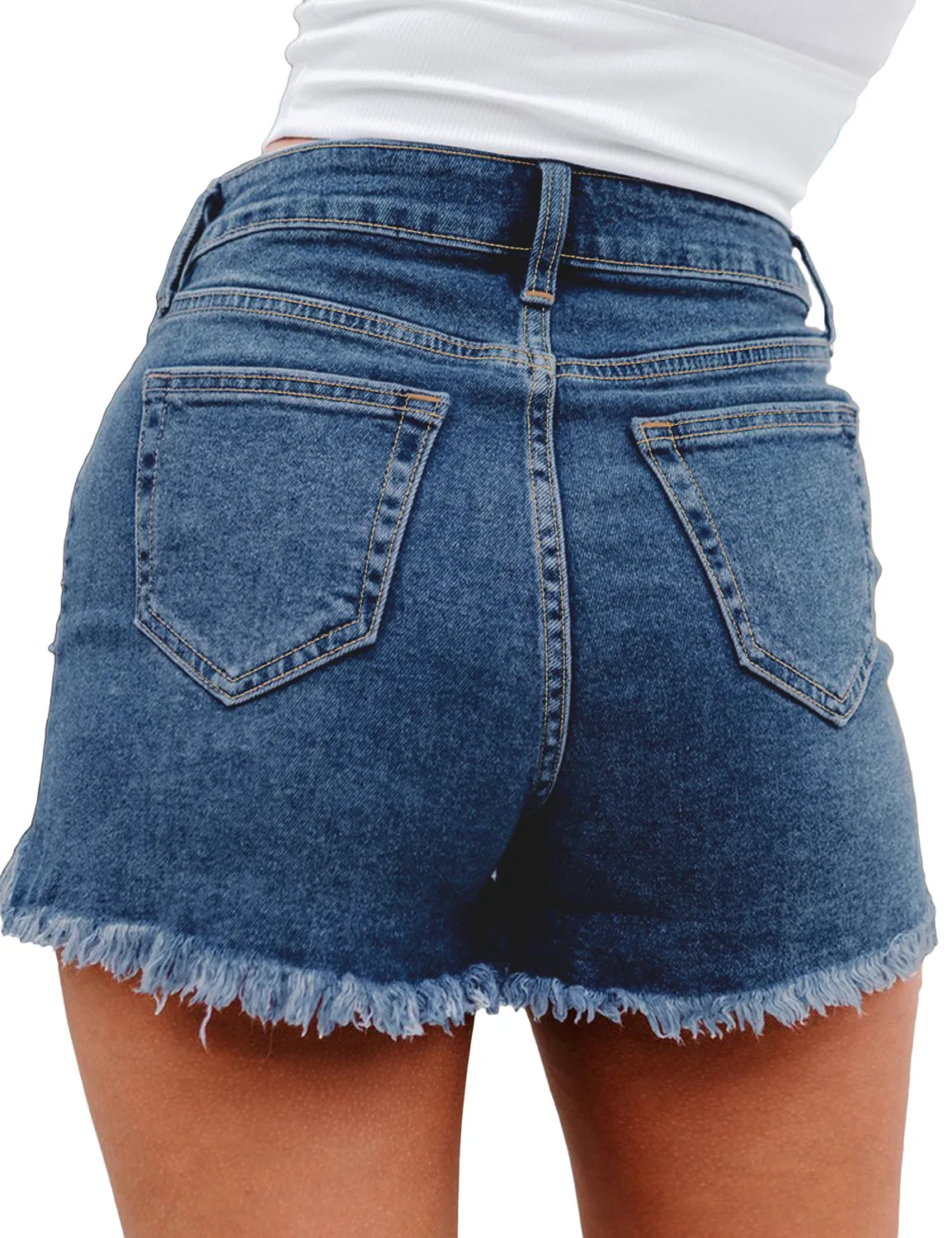 Deep Blue High-Waist Frayed Raw Hem Ripped Denim Shorts