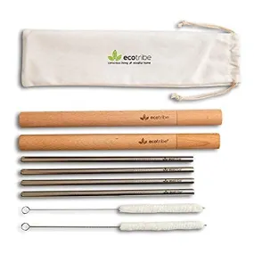 Ecotribe 4 Reusable Metal Straws 8.5 Stainless Steel Eco Friendly Set Travel Bag