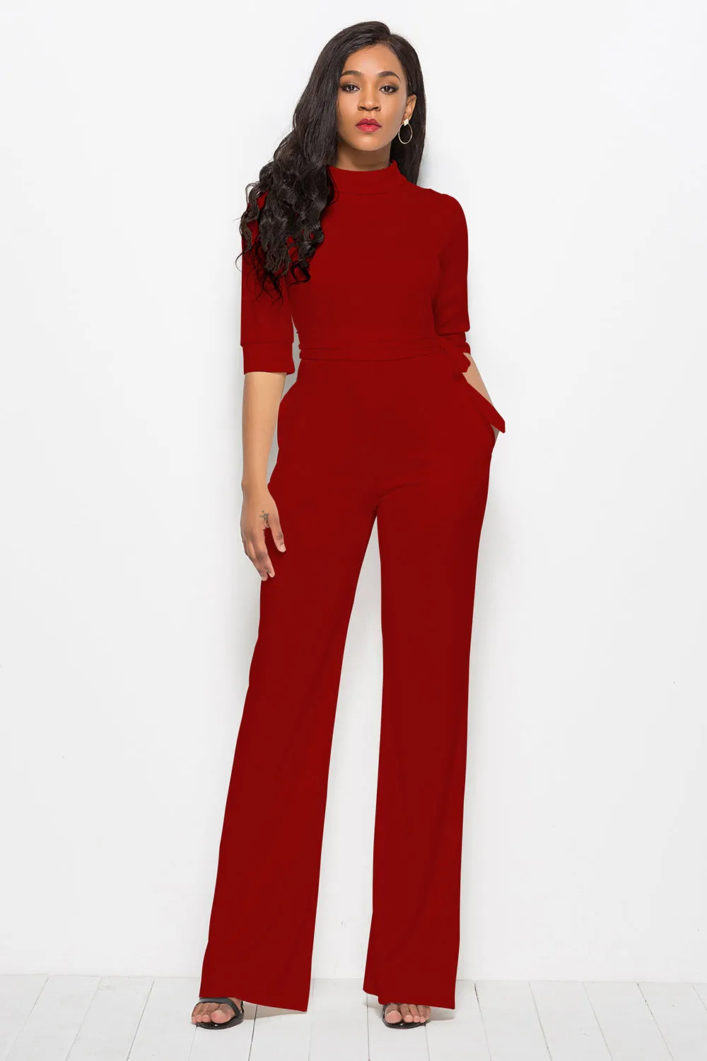 Elegant Mock Neck Tie-Waist Jumpsuit