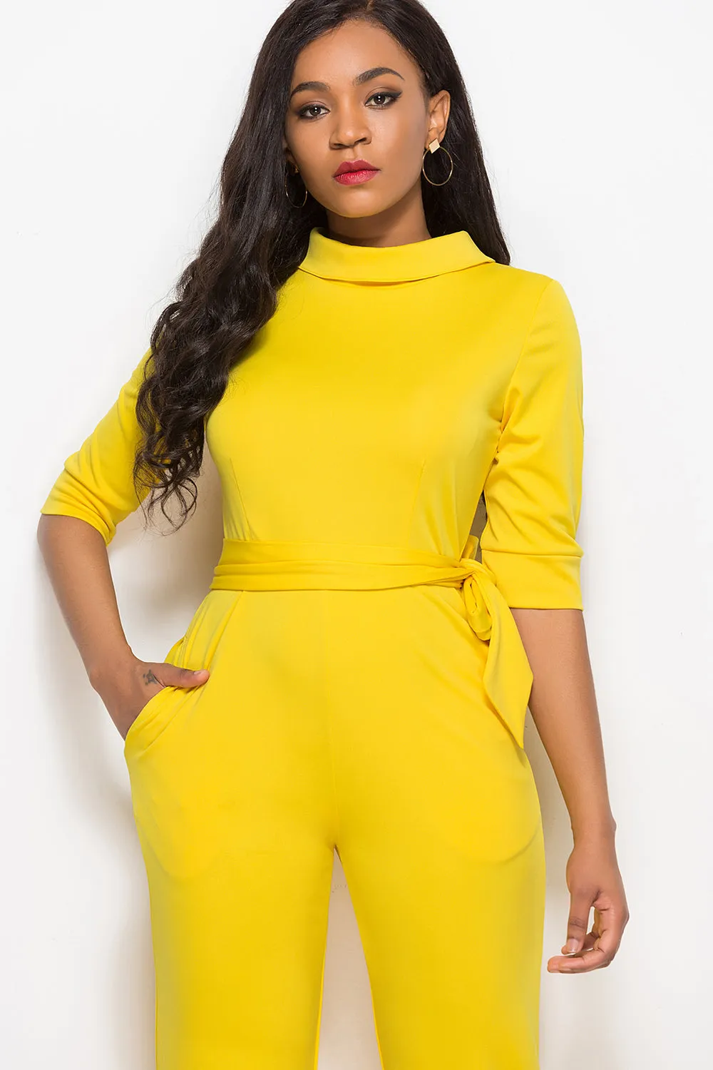 Elegant Mock Neck Tie-Waist Jumpsuit