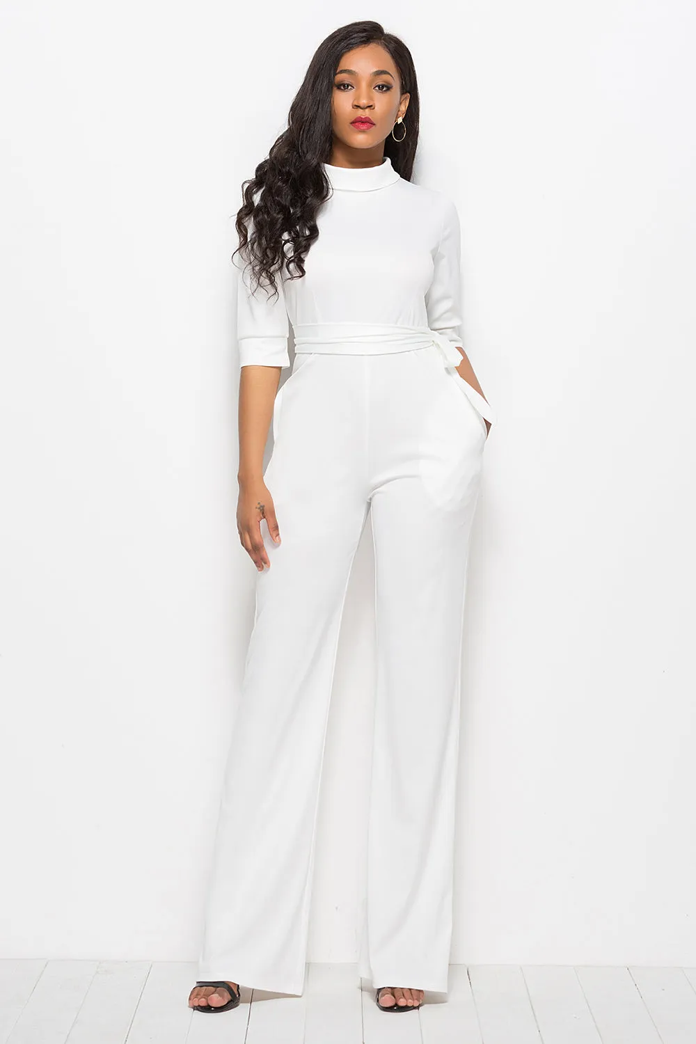 Elegant Mock Neck Tie-Waist Jumpsuit