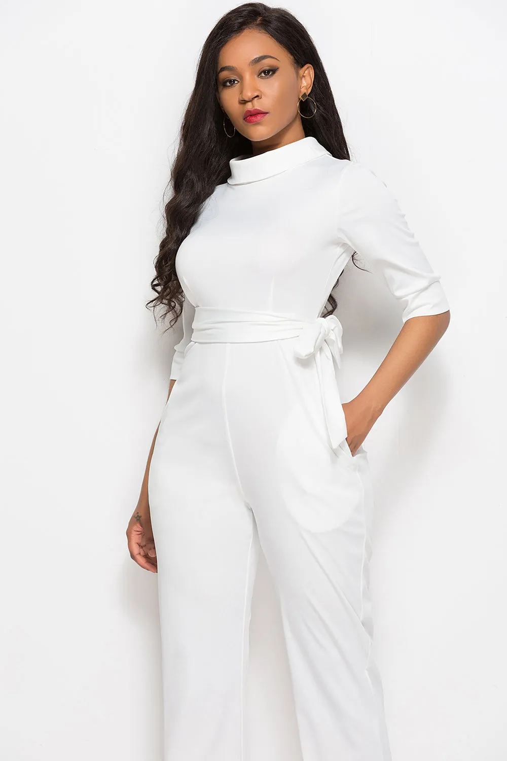 Elegant Mock Neck Tie-Waist Jumpsuit