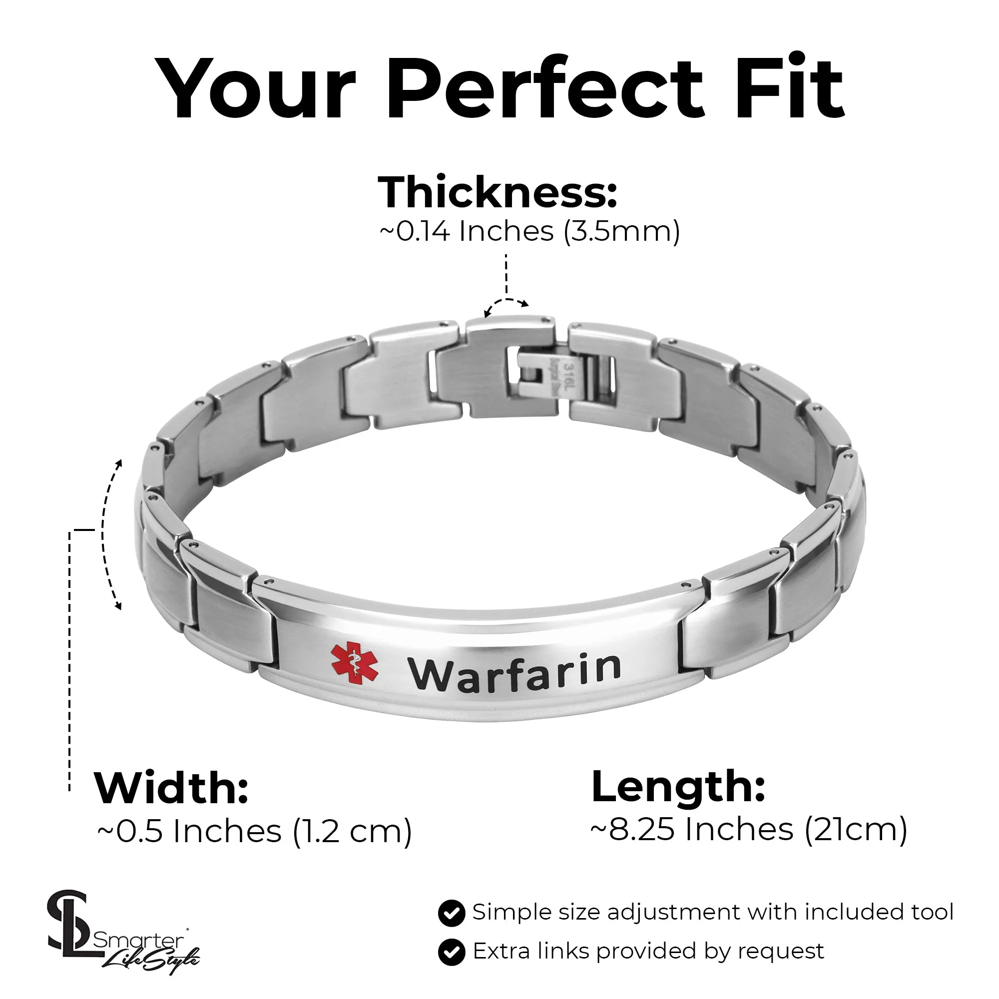 Elegant Surgical Grade Steel Medical Alert ID Bracelet - Men's / Warfarin