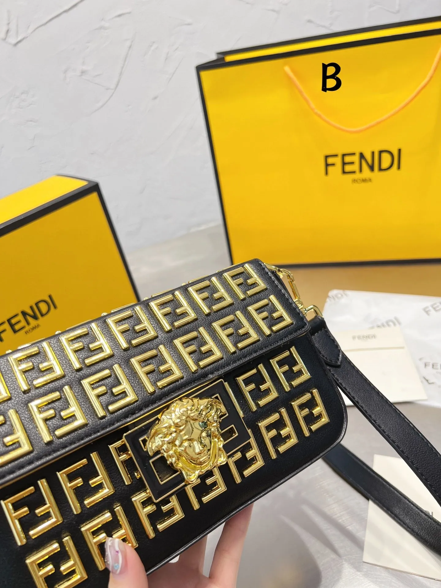 FF140 Fendi x Versace Leather Baguette Bag / 8.7x5.1x1.6inch