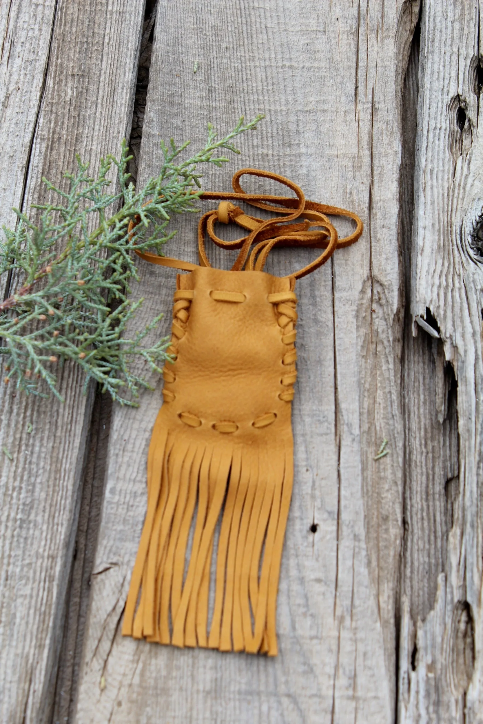 Fringed leather medicine bag, necklace amulet pouch